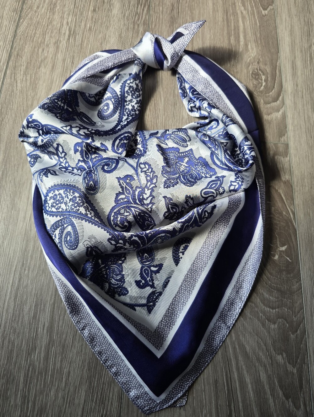 Blue White Paisley Satin Square Scarf 27" Silky Chinoiserie Bandana Hair Wrap
